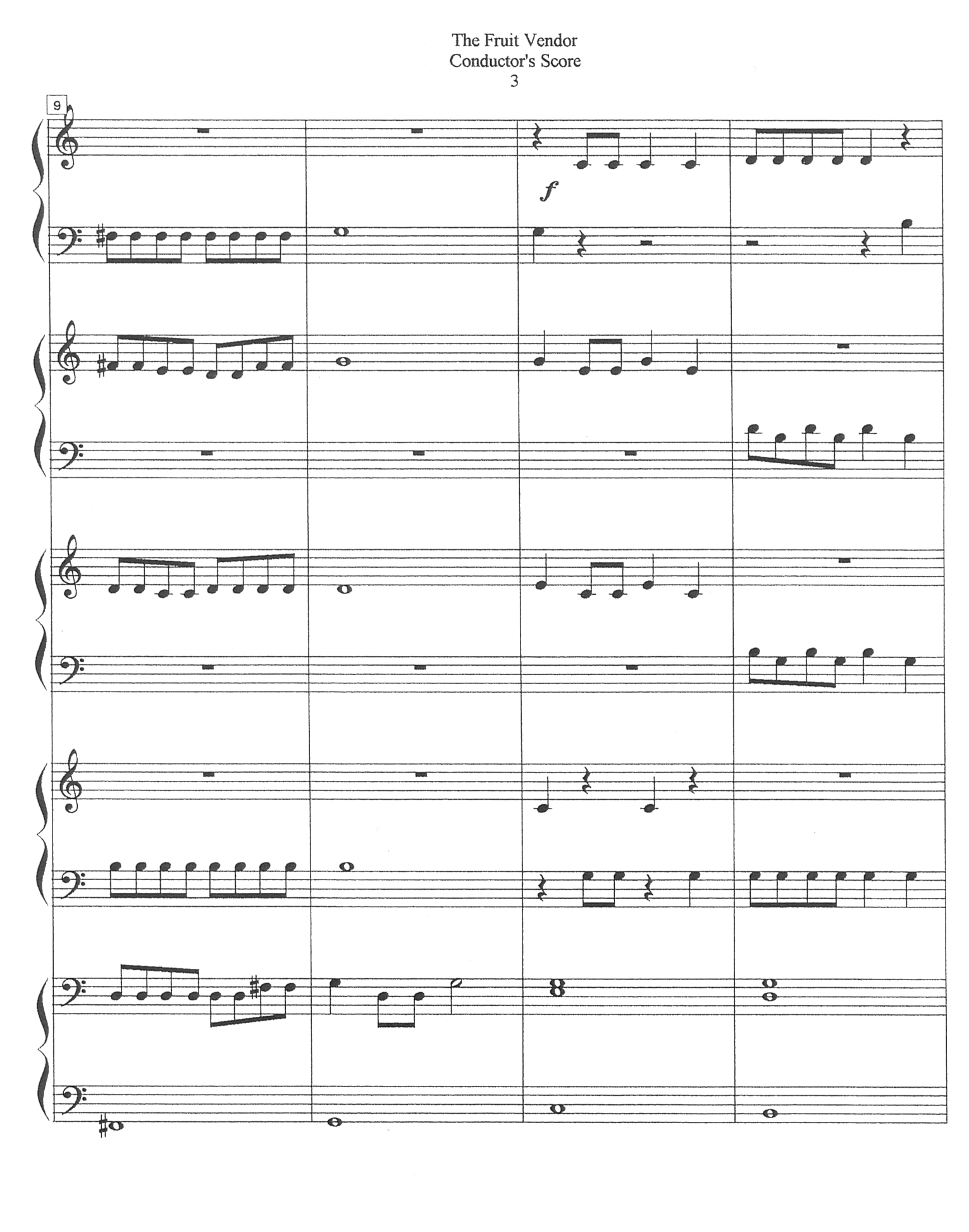 Fruit Vendor Ensemble Score, P.3; teacher part is at the bottom of the score.